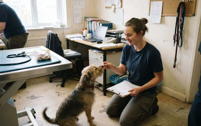 A staff member kneeling to greet a new dog at intake while another dog waits calmly nearby on a leash