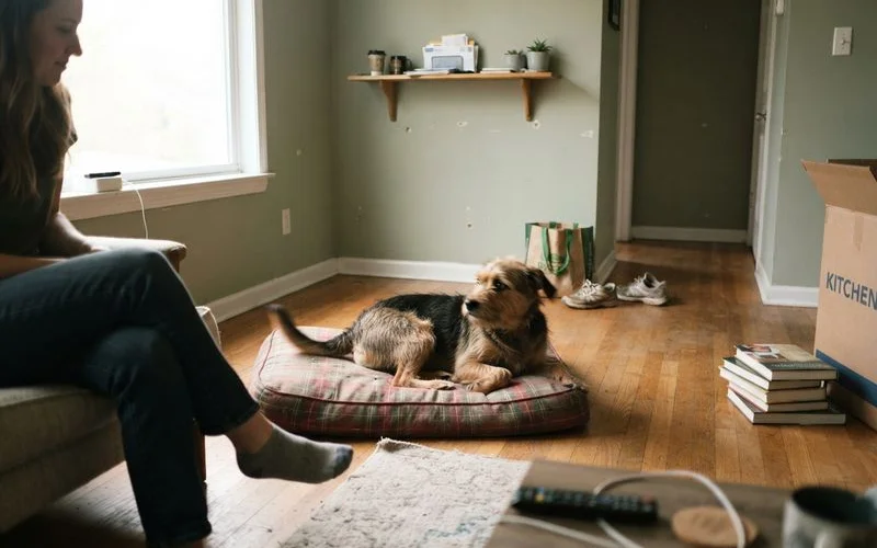 Stacked cardboard moving boxes in an unfamiliar new home with a dog lying calmly on the floor nearby, settling into the space