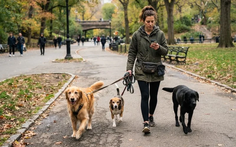 A dog walker checking a phone app while walking a leashed dog down a tree-lined Durham street