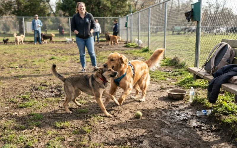 Several dogs of different sizes playing together in a bright, open indoor day care play area with a staff member supervising nearby
