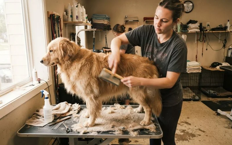 A professional groomer carefully brushing out the thick double coat of a large dog standing on a grooming table
