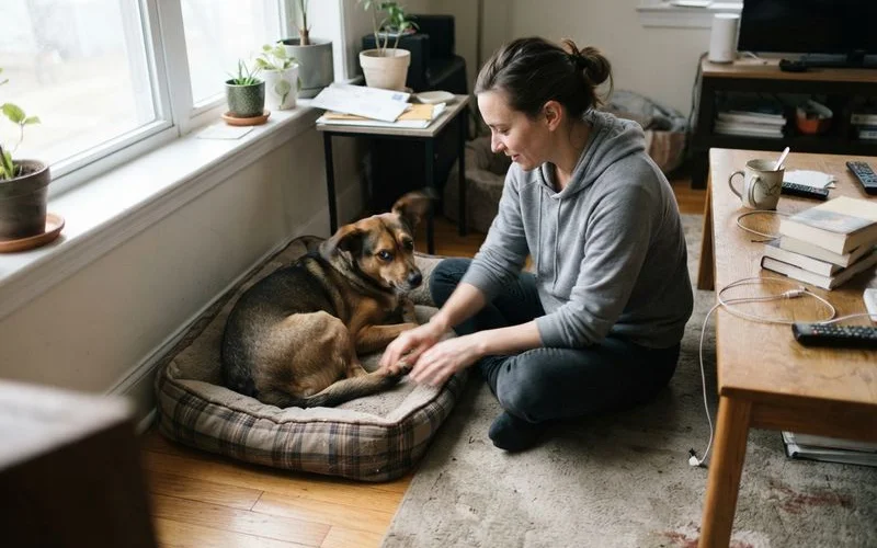 A staff member sitting on the floor calmly petting a nervous dog to help them settle in