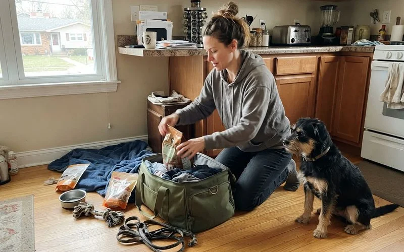 A dog owner packing a bag with food, a leash, and a blanket for an overnight boarding stay