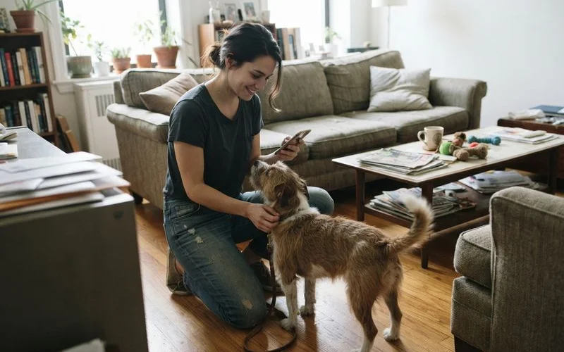 A pet sitter sitting on the floor with a dog in a home living room, checking a phone for a scheduled update photo