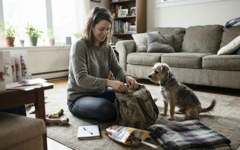 A calendar with a holiday week circled next to a leash and dog bed, representing planning ahead for boarding