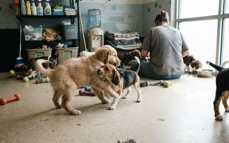 A small group of puppies playing gently together in a supervised indoor puppy play area