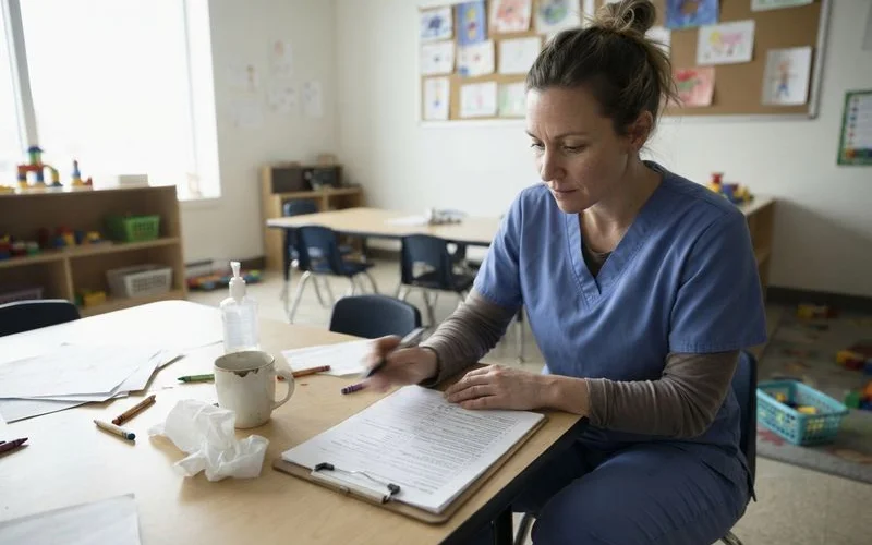 A dog owner reviewing a written incident report with a staff member at a day care facility
