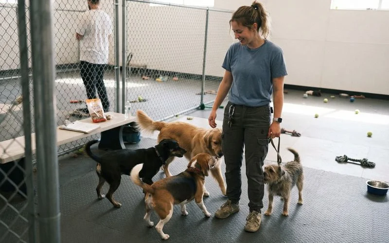 A staff member kneeling and actively supervising a small group of dogs during play, watching body language closely