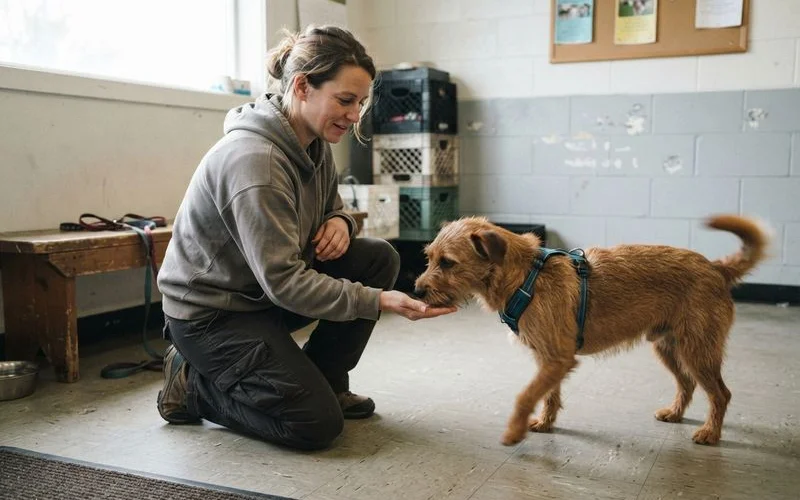 A dog trainer sitting calmly on the floor at a distance, patiently building trust with a shy, hesitant rescue dog during an early session